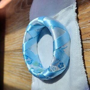 Blue White Floral Flowers Ribbon Bangle Bracelet